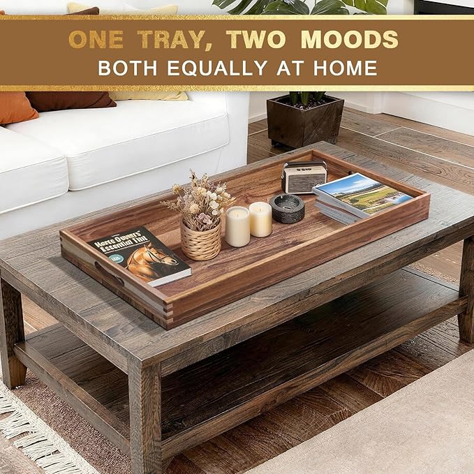 MAONAME Extra Large Ottoman Tray, 40 x 20 inches Wooden Serving Tray for with Handles, Acacia Wood Serving Platter Trays for Living Room, Breakfast
