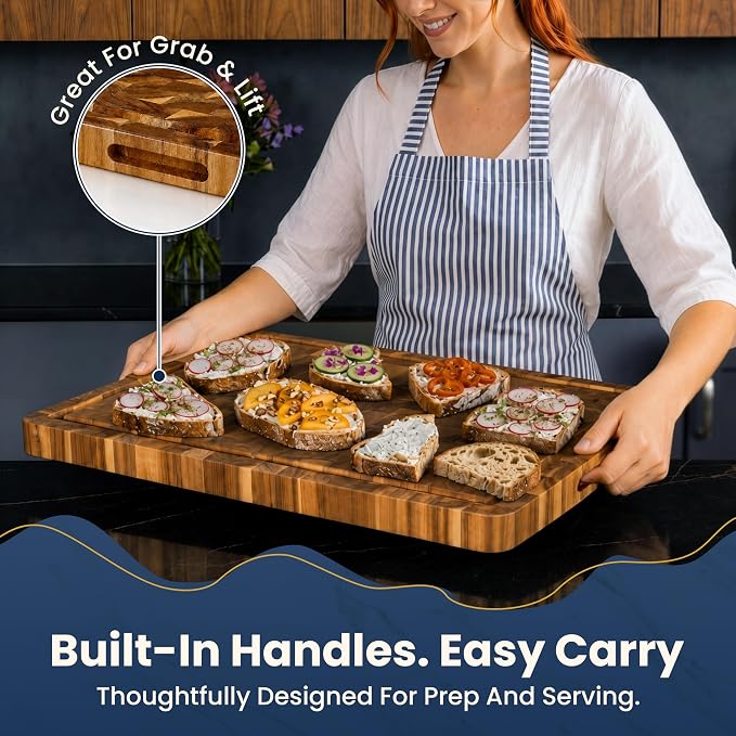 HOMESTEAD End Grain Acacia Wood Cutting Board 23x18x1.5, Reversible Butcher Block Board for Kitchen with Deep Juice Groove, Handles, Knife-Friendly Surface for Meat Chopping and Charcuterie Serving