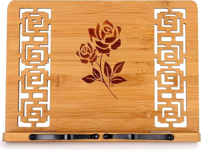 MEGREZ Book Stand for Reading (13.2 x 9.4 inch) Bamboo Cookbook Stand Holder for Kitchen, Adjustable Book Holder Stand for Tablet/Textbook Holder/Hollow Bookrest Stand, Rose