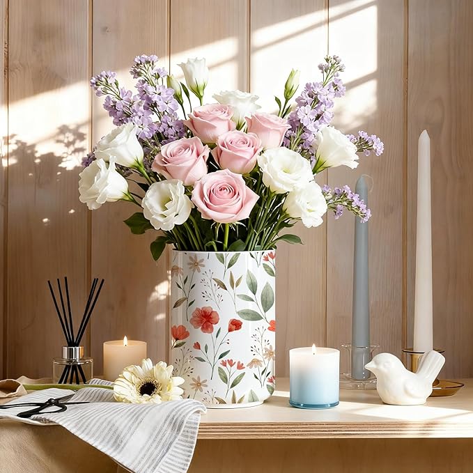 Wildflowers Utensil Holder,Countertop Ceramic Utensil Holder,Large Cooking Utensil Crocks for Kitchen Counter Decor,Ceramic Vase for Kitchen Utensils,6.3"+4.7"(safflower)