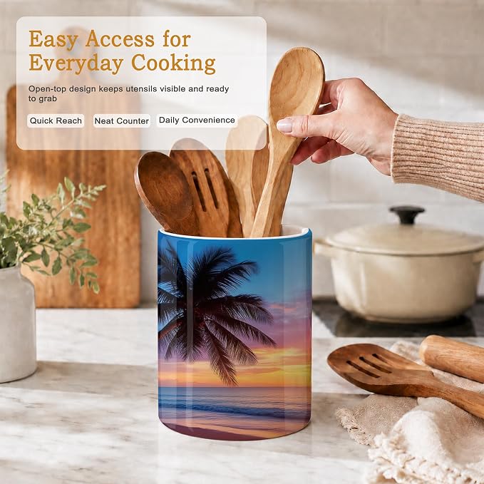 Tropical Palm Kitchen Utensil Holder,Sunset Trees Sea Beach Large Ceramic Utensil Crock for Countertop,Cooking Utensil Organizer for Spatulas,Spoons