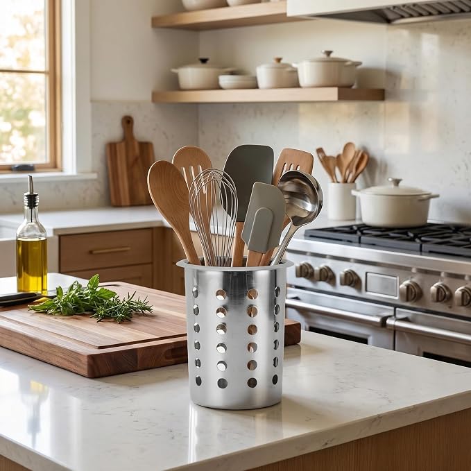 Luqeeg Stainless Steel Utensil Holder, Large Capacity Cutlery Storage, Flatware Cylinder with Simple Stylish Design for Countertop Kitchen Table Dining Table (With Holes)