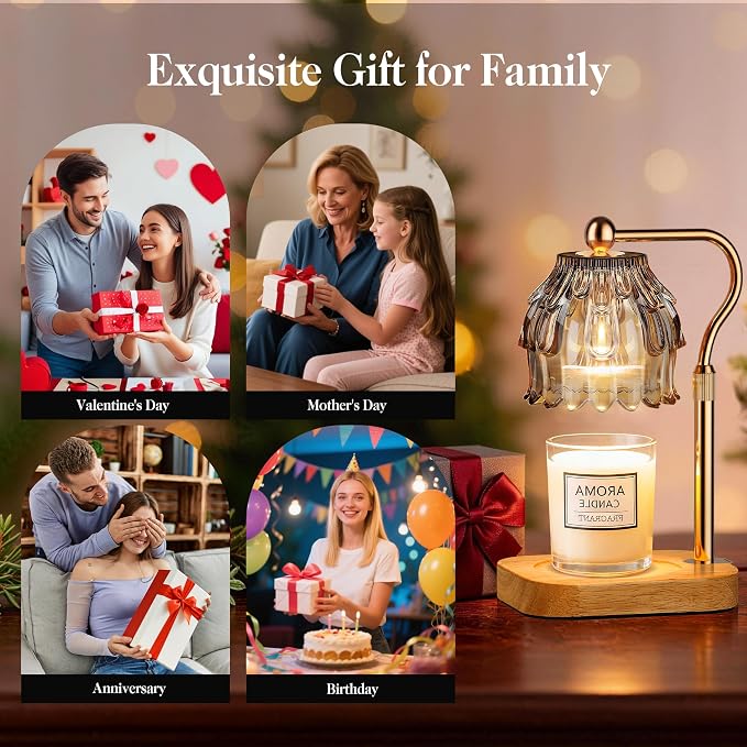 Candle Warmer Lamp with Timer Dimmer, Modern Wax Warmer for Scented Wax Jar Candle Warmer with 2 Bulbs, Adjustable Height Glass Lamp for Gifts for Women, House Warming Gifts, Home Decor, Gold Grey