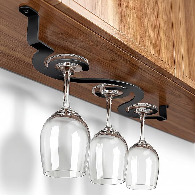 2-Pack Black Under Cabinet Wine Glass Rack – Space-Saving Stemware Holder for Kitchen & Bar, Fits Glasses with Body Diameter Under 4.1 Inches, 15.35 Inch Hanging Wine Glass Holder