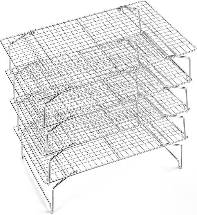 P&P CHEF Cooling & Baking Rack, 4-Tier Stainless Steel Stackable Grid Cooking Racks for Cooling Roasting Grilling, Collapsible & Heavy Duty, Oven & Dishwasher Safe, 15" x 10"