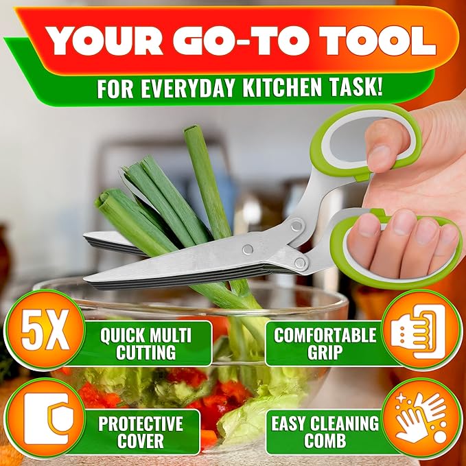 Herb Scissors with 5 Blades and Cover – Stainless Steel Herb Cutter with Ergonomic Handle and Cleaning Brush, Dishwasher Safe Design – 5x Faster Cutting of Cilantro, Parsley, Green Onion & Fresh Herbs