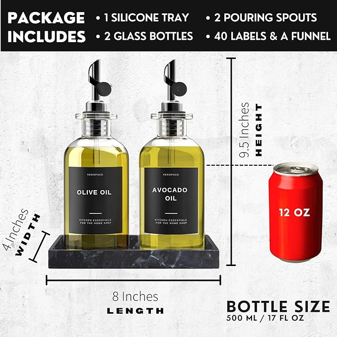 Verspace - Clear Glass Olive Oil Dispenser Bottles For Kitchen With Silicone Tray - 2 Pack - 17oz Includes 40 Labels, Soy Sauce Dispenser, Coffee Syrup Dispenser, Olive Oil Bottles