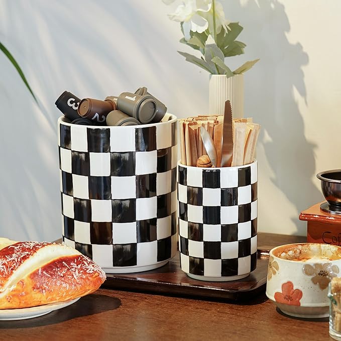 Utensil Holder, 7.2"+5.4" Checkered Ceramic Utensils Holder, Large and Small Utensil Crocks for Kitchen Counter, Spatula Holder, Farmhouse Kitchen Decor