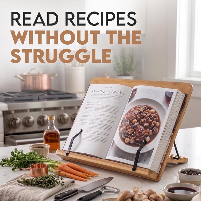 Bamboo Cookbook Stand Large, Adjustable Book Holder Tray and Page Paper Clips - Natural Color Large - 4-Position Recipe Book Stand Holds Thick Books for Kitchen Counter, Reading, Studying - Foldable