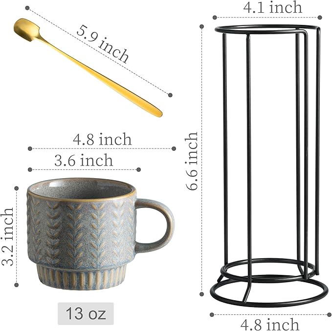 Miamolo Coffee Mugs Set of 4 with Spoons & Stand, Stackable Espresso Cups 13oz Coffee Mug for Drinks Latte Cappuccino Tea, Coffee Cup for Women Men Couples Housewarming Birthday Gift, Dishwasher Safe