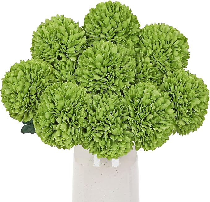 Briful 12 Pcs Artificial Green Chrysanthemum Stems – 11” Tall Silk Mums Flower Heads with Green Leaves, Flexible Stems for Fall Floral Pick Arrangements, Home, Wedding & Seasonal Decorations