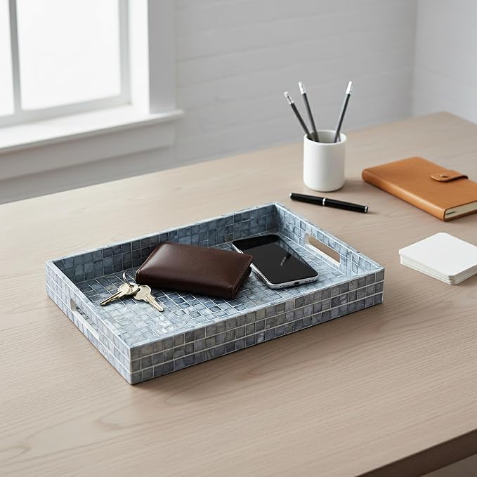 PEMAR Rectangular Mother of Pearl Serving Tray Nacre Wood Lap Ottoman Tray for Coffee Table, Luxury Decorative Handmade Eating Platters w Insert Handles (Blue)
