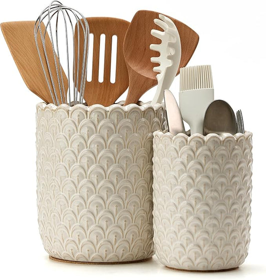 JIEMEI HOME Kitchen Utensil Holder, Large 7.5"+6.2" Petal Ceramic Utensil Crock for Countertop, Utensil Holder with Cork Mat, Morden Utensil Organizer for Spatula, Kitchen Decor, Set of 2, Aged Ivory