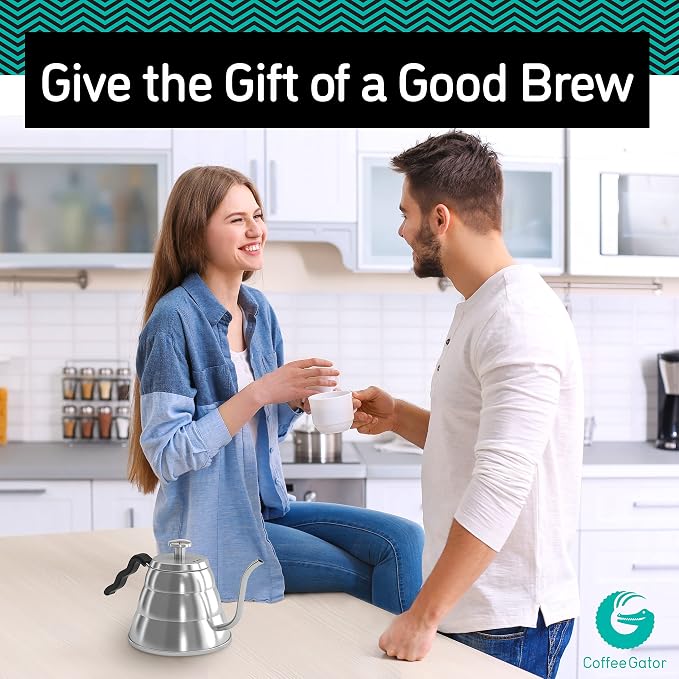 Coffee Gator Gooseneck Kettle with Thermometer - 40oz Premium Stainless Steel Pour Over Coffee Maker Kettles, Stove Top, w/Precision Drip Spout, for Drip Coffee, French Press, Tea Kettle, 5 Cup, 1.2L