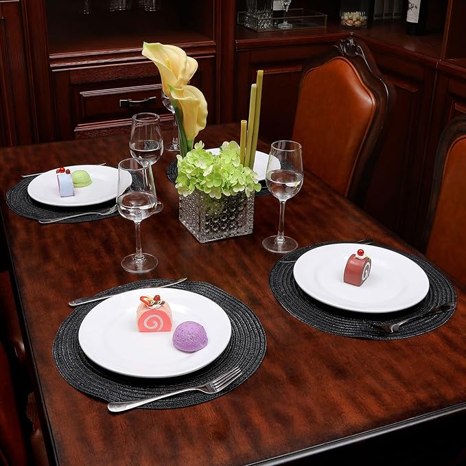 Topotdor 14 Inch Round Placemats Heat-Resistant Stain Resistant Anti-Skid Washable Polyproplene Table Mats Placemats (Black, Set of 6)