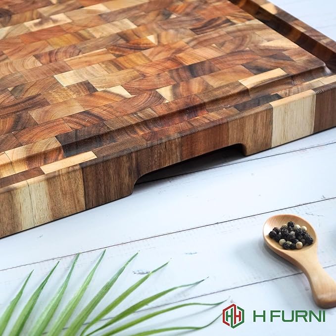 Medium 14" Square, 1.5" Thick Acacia End Grain Cutting Board, Wooden Chopping Board for Meat, Cheese and Charcuterie Board Built-in Handles with Juice Grooves, Durable, Easy Clean Kitchen Gift
