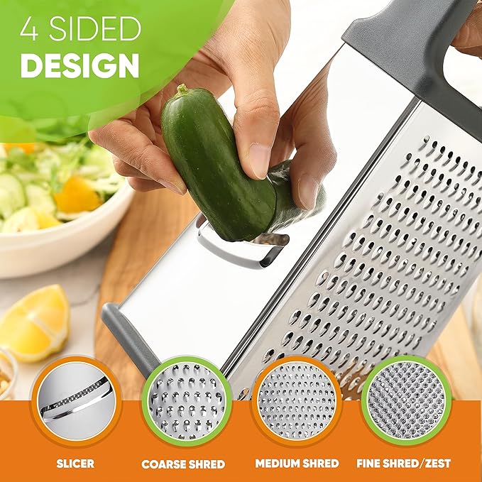 Spring Chef Professional Cheese Grater - Stainless Steel Box Grater for Kitchen, XL Size, 4 Sides - Perfect Shredder for Parmesan Cheese, Carrot, Potato, Ginger - Dishwasher Safe - Gray