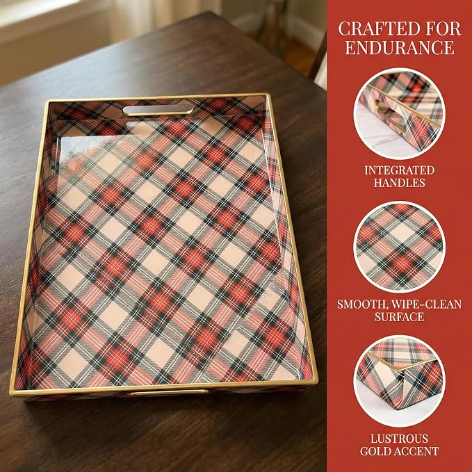 Rectangular Decorative Tray with Handles, Plastic Serving Tray for Living Room, Home Decor, Christmas，15.7" x 11.8" Red Plaid