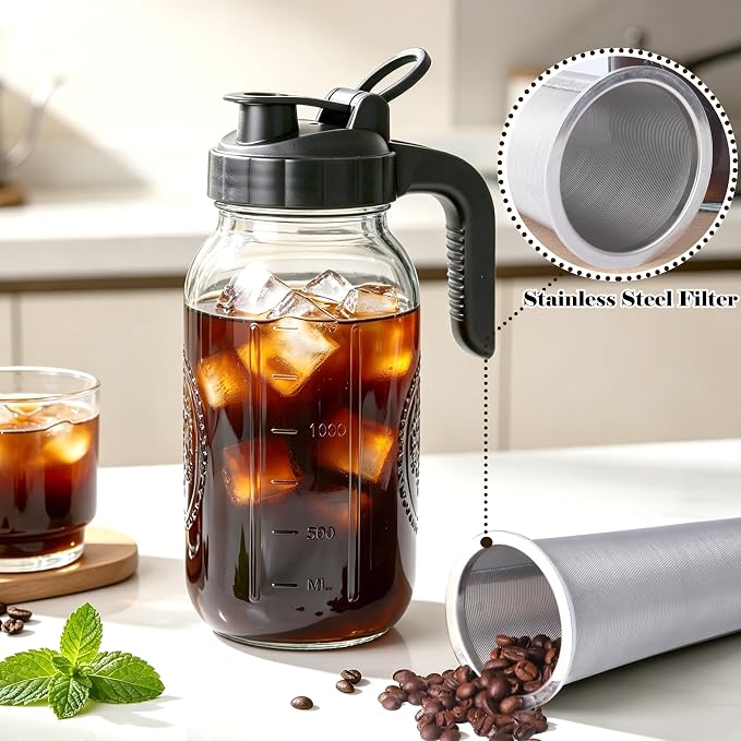 Cold Brew Coffee Maker 64oz Iced Coffee Maker with Stainless Steel Filter | Wide Mouth Glass Pitcher with Pour Spout Lid Cold Brew Pitcher with Ergonomic Handle Airtight Mason Jar Pitcher with Filter