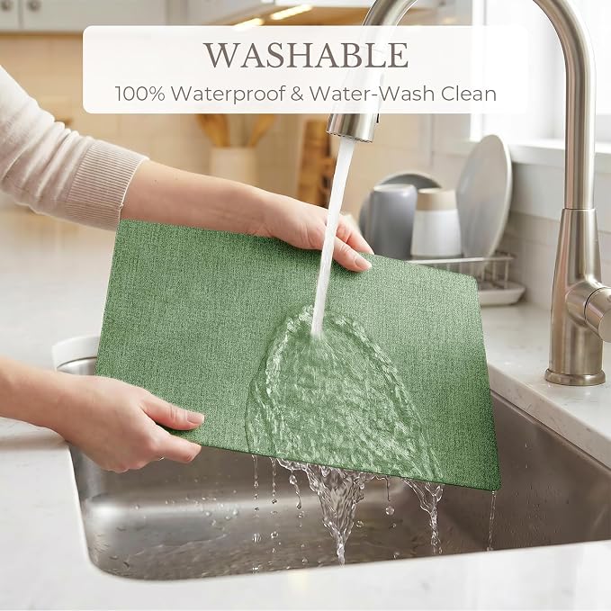 Romanstile Vinyl Placemats Set of 8-12 X 17 Inch - Faux Leather 100% Waterproof Wipeable Anti Slip Place Mats, Heat Resistant Reversible PU Table Mats for Kitchen Dining Party Outdoor, Dark Green
