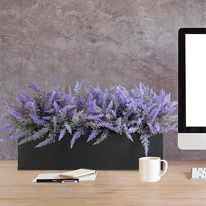 Winlyn 14" Artificial Lavender Arrangement Faux Lavender Flowers in Rustic Black Wooden Planter Box Realistic Lavender Potted Plant for Gift Farmhouse Home Wedding Table Centerpiece Mantel Shelf Décor