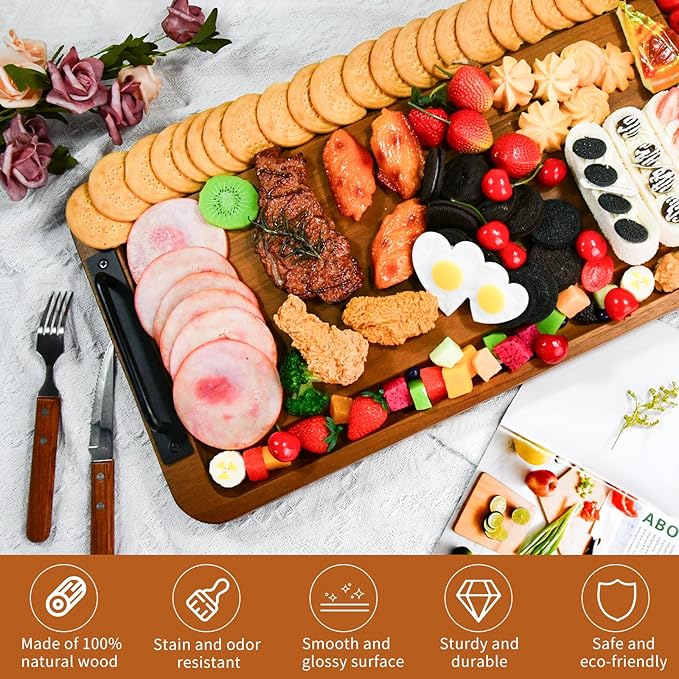 Large Wooden Charcuterie Boards with Handles, Extra Long Wood Serving Tray Platters,Rectangular BBQ Meat Cutting Cheese Board for Party Appetizers,Home & Outdoor 23.6x11.8x1.1”