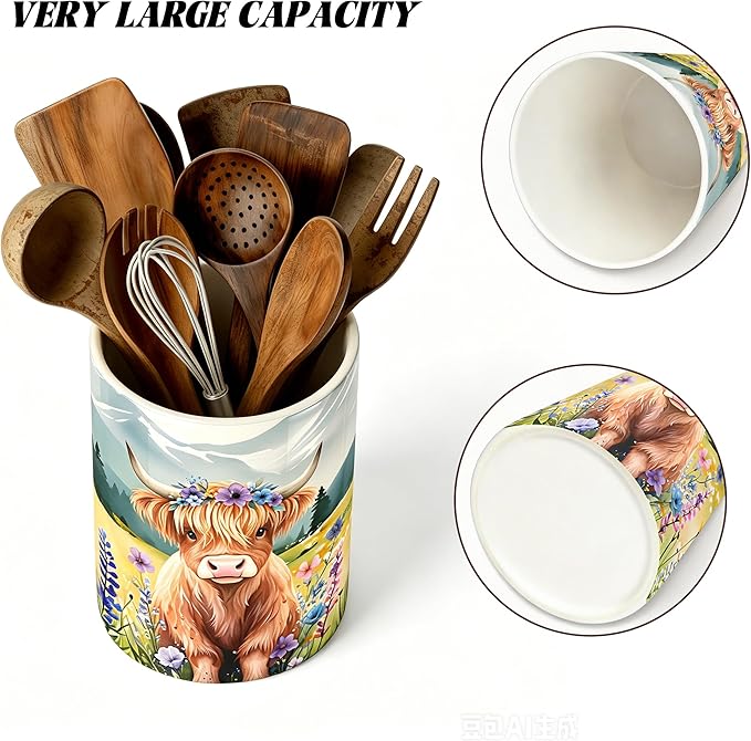 Highland Cow Utensil Holder, Cows Ceramic Kitchen Utensil Holder, Utensil Crock for Home Kitchen Countertop Storage Organizer Container, Large Holder for Spatulas, Spoons, Kitchen Counter Decor, 6"