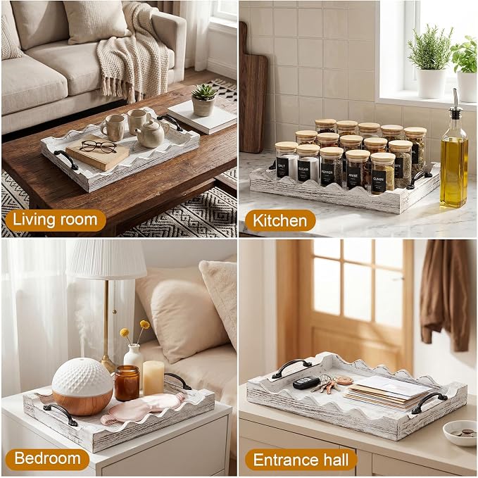 4 Pcs Rustic Wood Scalloped Serving Tray Wood Decorative Serving Tray with Handle Rustic Rectangular Platter 13 x 9.5 for Farmhouse Ottoman Breakfast Coffee Table Home Kitchen Decor(White)