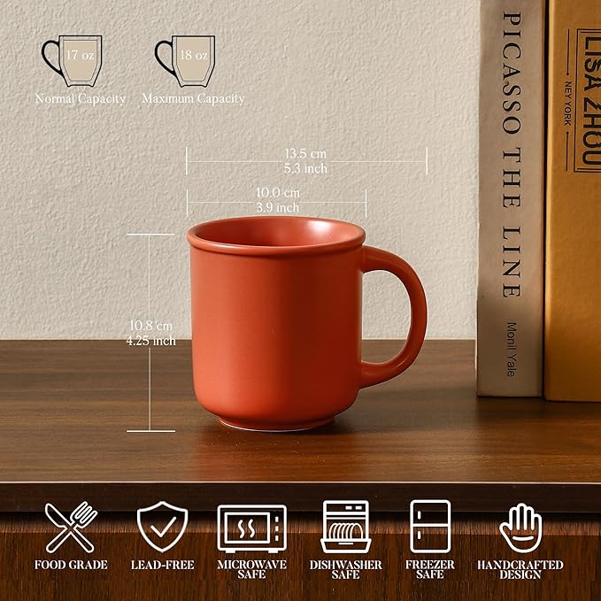 GZG 18 oz Coffee Mugs Set of 4, Modern Ceramic Coffee Cups Set with Handle, Large Coffee Mugs for Tea, Latte, Milk, Cocoa, Rustic Matte Glaze, Microwave & Dishwasher Safe(Terracotta Blush)
