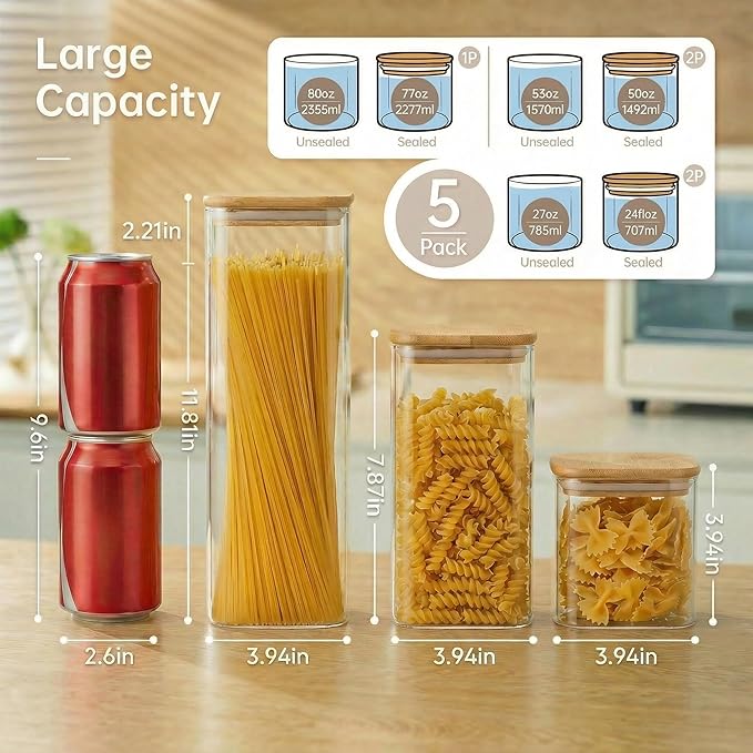 HomArtist Square Glass Jars with Bamboo Lids [Muti Size Set of 5], Glass Canisters with Airtight Lids, Glass Food Storage Containers for Pasta, Cereal, Flour, Sugar, Best for Kitchen & Pantry