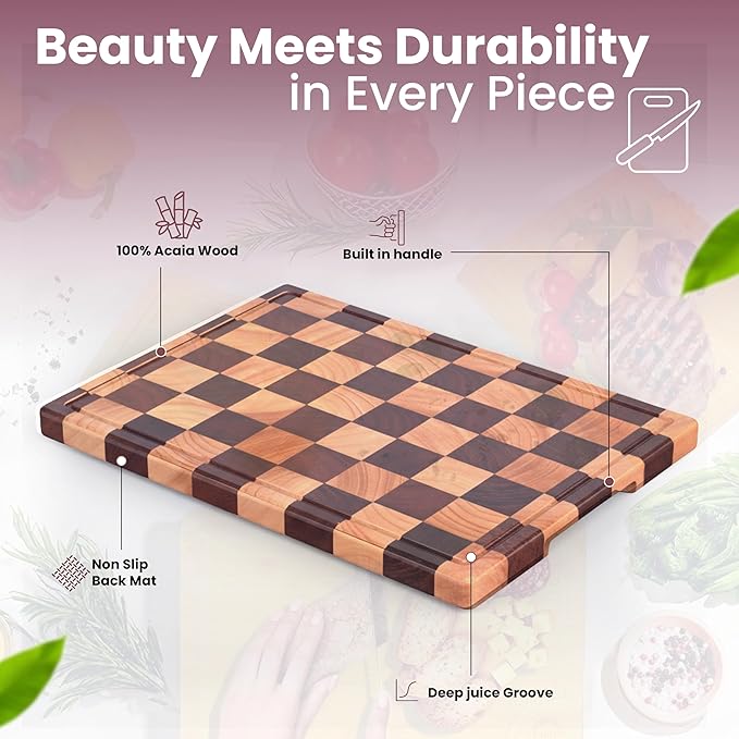 Checkered Cutting Board for Kitchen, Acacia Wood, Butcher Block Chopping Board with Juice Grooves & Handles, Large 16.5"x11.6" Serving Tray & Charcuterie Board, Gift Box Included