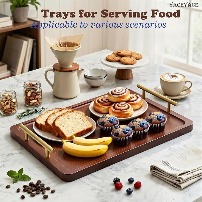 Wood Tray with Metal Handles, 14" x9.5 x1.75 Medium Wood Serving Trays for Ottoman Coffee Table, Serving Tray for Kitchen, Home Decor