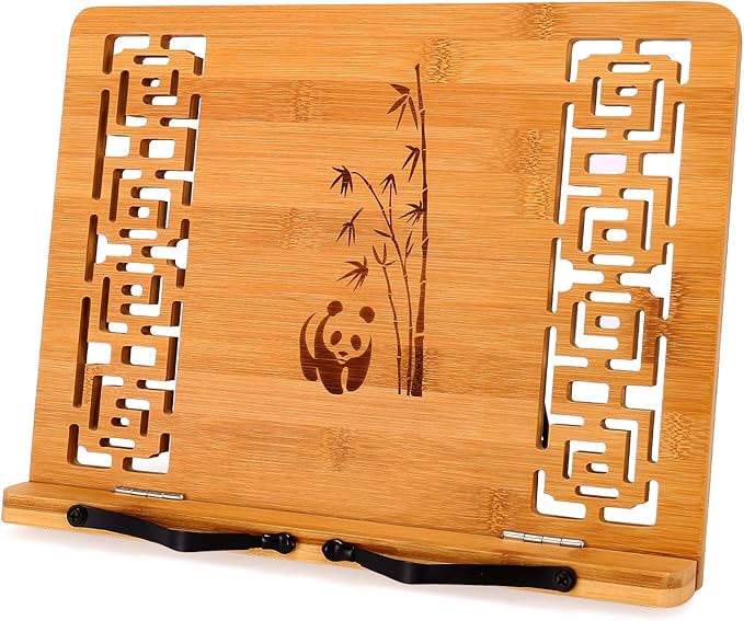 MEGREZ Bamboo Book Stand (13.2 x 9.4 inch) for Reading, Kitchen Cookbook Holder, Adjustable for Tablet/Textbook, Hollow Bookrest, Panda