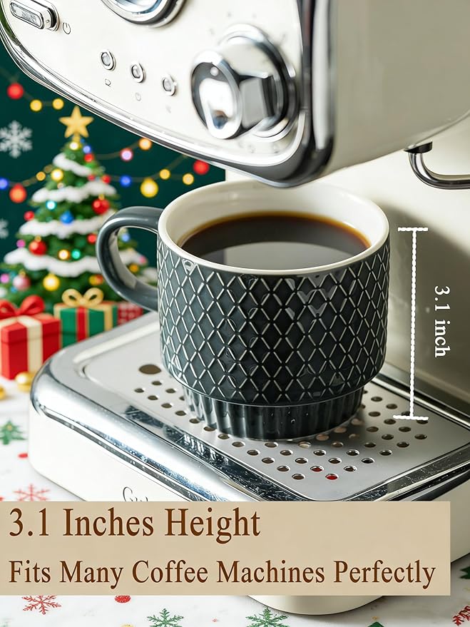 Gomakren Coffee Mugs Set of 4, 13 Ounce Stackable Coffee Mug Set with Stand, Stoneware Coffee Cup with Spoon for Coffee, Milk, Tea, Cocoa, Grey
