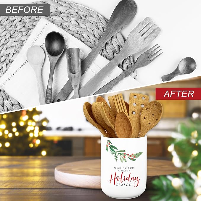 JarThenaAMCS Christmas Ceramic Utensil Holder Holly Berry Wishing You A Happy Holiday Utensil Crock for Winter Xmas Home Kitchen Countertop Storage Organizer Container