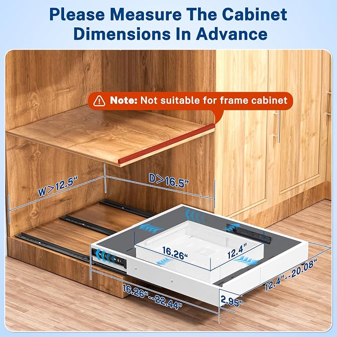 Insputer Pull Out Cabinet Organizer Expandable (12.4"-20.08")W & (16.26"-22.44")D, No Drill Slide Out Drawers with 3 Slide Rails, 2Pcs Magnetic Panel, Adhesive Roll Out Shelf for Kitchen, Pantry White
