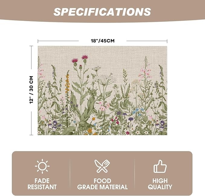 Artoid Mode Wild Flower Vinyl Placemats Set of 6, Wipeable Colorful Printing PVC Table Mats for Spring Party Kitchen Dining Decor, 12x18 Inch