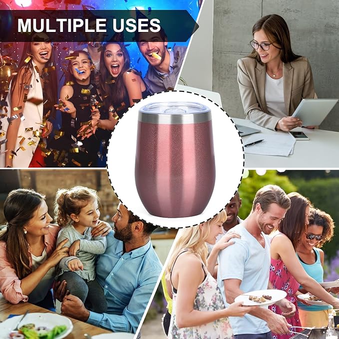 MEZMUT 12 Oz Insulated Wine Tumbler with Lid Double Wall Vacuum Stainless Steel Wine Glass Coffee Mug Insulated Tumbler Cup for Champaign, Cocktail, Beer (Rose Gold, 4 Pack)
