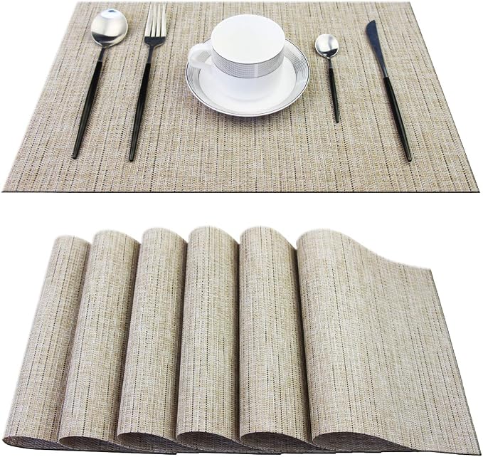PIGCHCY Deep Beige Placemats Set of 6 Encryption Thickening Weave Heat-Resistant Placemat Washable Easy to Clean Table Mats for Dining Room and Decor (18 x 12 inch)