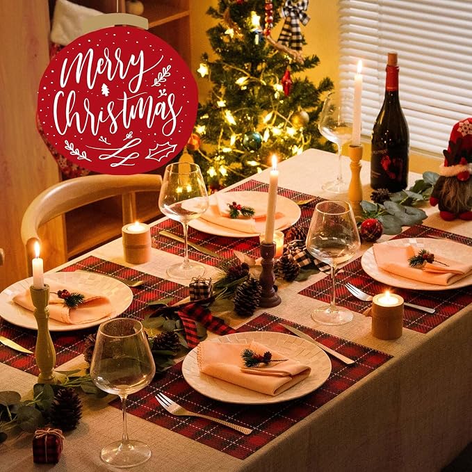 AHHFSMEI Placemats Set of 6 Washable Woven Vinyl Placemats for Dining Table Heat Resistant Non-Slip Stain Resistant Table Mats for Kitchen & Home Decor(Red Gird,6)