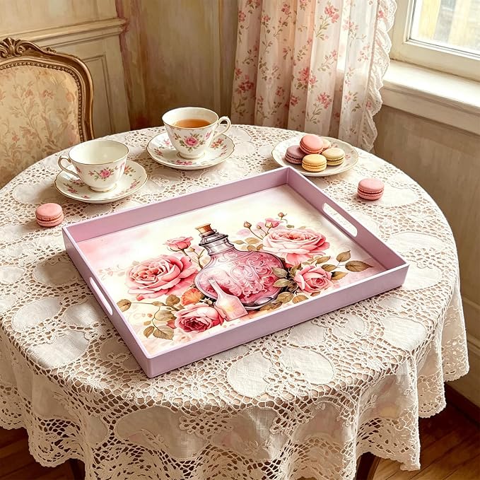 Serving Tray with Handles, 15.7 * 11.8 inches, Plastic Ottoman Tray with Exquisite Paintings, Trays for Coffee Table