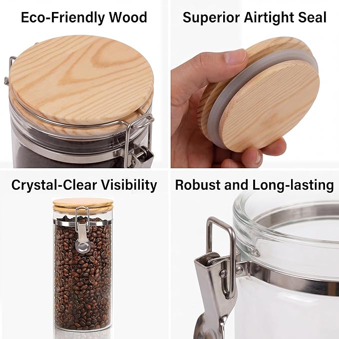 Glass Coffee Canister Set with Shelf & Spoon 2 Piece Coffee Containers for Coffee Bean Storage Airtight Seal, Coffee Bar Accessories Filter Holder for Kitchen Organization
