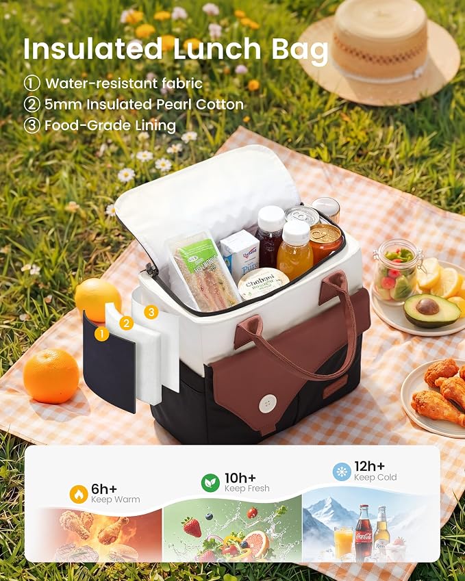 LOVEVOOK Large Insulated Lunch Bag for Women, Wide Opening Leakproof Cooler Tote with Large Cup Holder and Shoulder Strap, Cute Adult Lunch Box for Picnic Hiking Beach