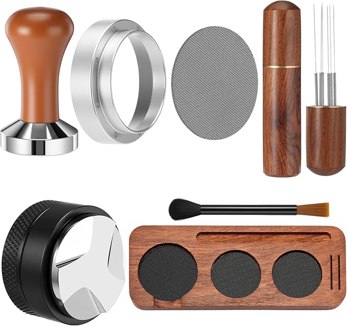 7 Pcs Espresso Accessories Kit, 58 mm Coffee Tamper Set Espresso Machine Accessories Coffee Tamper Wdt Tool Dosing Funnel Puck Screen Brush Tamping Station for 58 mm Barista Tools