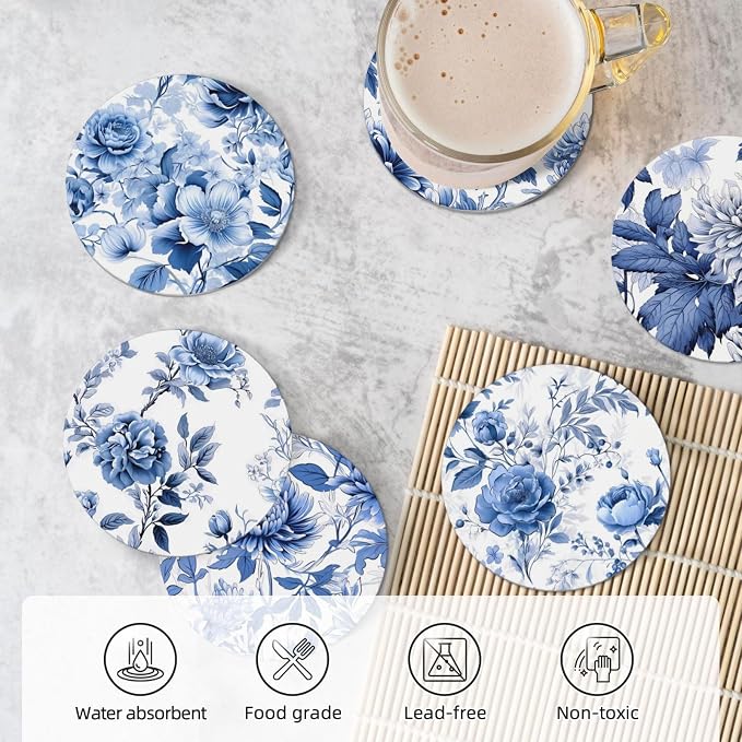 Coaster for Drinks Set of 6, Blue Vintage Spanish Ceramic Floral Absorbent Round Ceramic Stone Mat, with Cork Base and Metal Holder, Gift for Housewarming Room Bar Decor (Vintage Blue Floral-8)