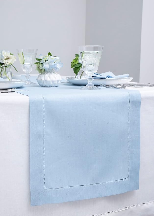 Solino Home Linen Sky Blue Table Runner 132 Inches Long - 100% Pure Linen Extra Long Table Runner 14 x 132 Inch for Summer - Classic Hemstitch