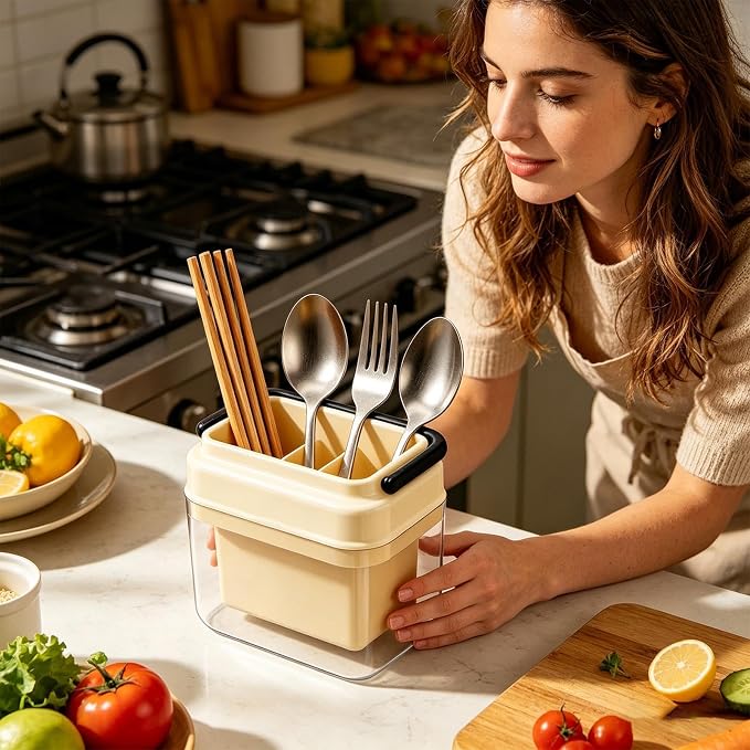 Utensil Holder, Non Slip Kitchen Cutlery Drainer, 6.92x6.92x4.76 Inches Large Drying Rack Container, Multi Slot Spoon Fork Storage Organizer, Kitchen Sink Countertop Caddy, Use for Home Restaurant