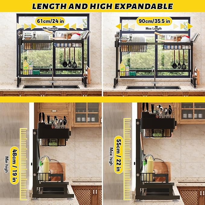 ilvvan Over Sink Dish Drying Rack (Expandable Height/Length) Snap-On Design Large Dish Drainer Storage Counter Organizer 24" - 35.5"(L) x 12"(W) x 19" - 22"(H)