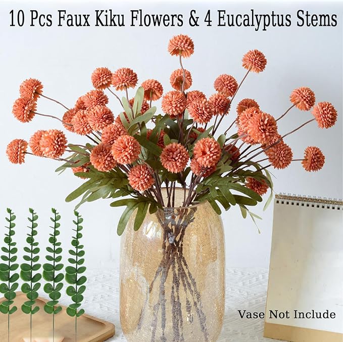 10pcs Faux Orange Kiku Flowers, 5 Heads Each Stem & 4 Branches Eucalyptus Stems, Artificial Small Mini Chrysanthemum Flowers for Aesthetic Room Decor, Floral Arrangements Centerpiece