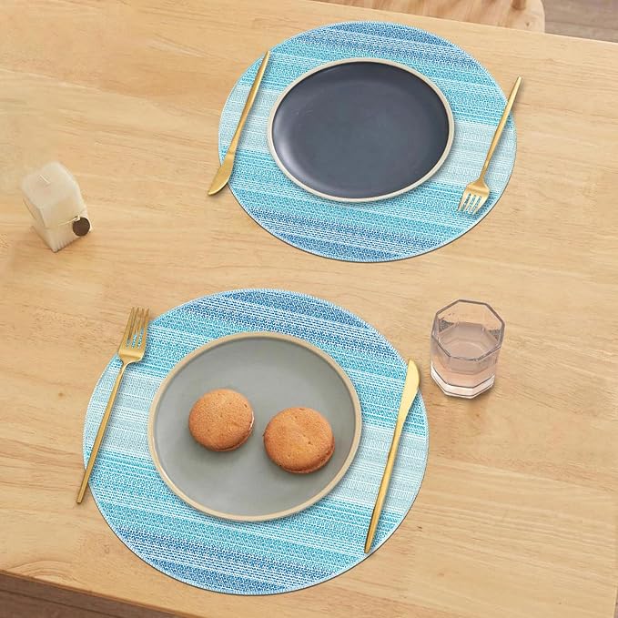 Niviy Round Placemats, Placemats Set of 4, 15 Inch Washable Place Mats Easy to Clean Heat Resistant Table Mats Wipeable Placemat for Holiday Party Kitchen Dining Table Decoration, Blue